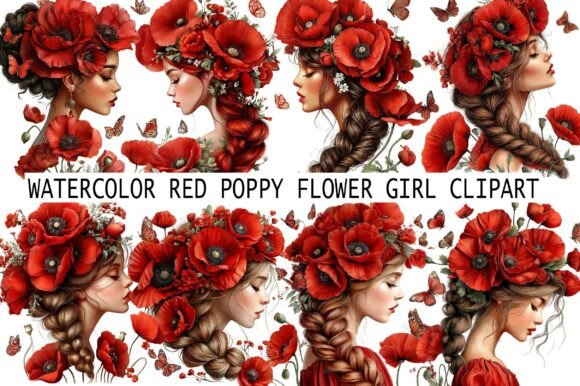 Download Watercolor Red Poppy Flower Girl Clipart - Girl Collection